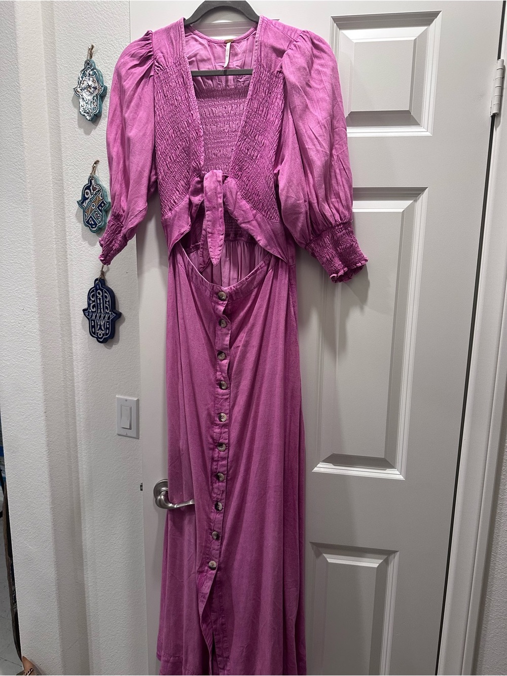 Free People Magenta Button-Front Maxi Dress with Smocked Bodice